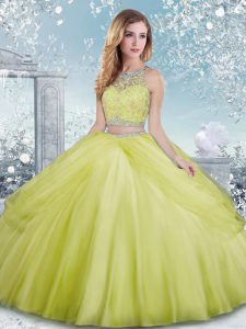Sleeveless Floor Length Beading Clasp Handle 15 Quinceanera Dress with Yellow Green