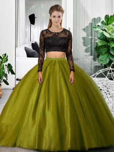 Olive Green Two Pieces Tulle Scoop Long Sleeves Lace and Ruching Floor Length Backless 15th Birthday Dress