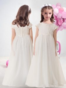 Fantastic Sleeveless Organza Floor Length Clasp Handle Toddler Flower Girl Dress in White with Lace