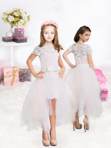 Excellent Lace and Ruffles Flower Girl Dresses Peach Clasp Handle Short Sleeves High Low