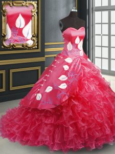Customized Organza Sleeveless Ball Gown Prom Dress Brush Train and Embroidery and Ruffled Layers