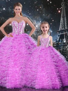 High Class Fuchsia Sleeveless Floor Length Beading and Ruffles Lace Up 15th Birthday Dress