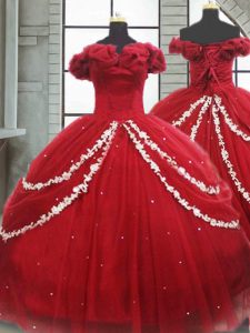 Suitable Wine Red Sleeveless Brush Train Appliques and Pick Ups Quinceanera Gown