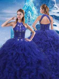 Fantastic Blue Lace Up Sweet 16 Quinceanera Dress Beading and Ruffles Sleeveless Brush Train