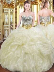 Affordable Ball Gowns Quince Ball Gowns Light Yellow Sweetheart Organza Sleeveless Floor Length Lace Up