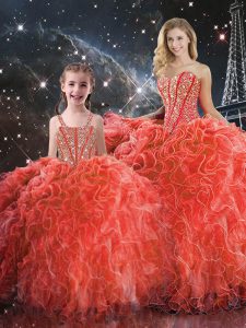 Coral Red Sleeveless Beading and Ruffles Floor Length 15th Birthday Dress