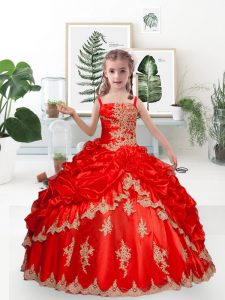 Red Lace Up Girls Pageant Dresses Lace and Appliques and Pick Ups Sleeveless Floor Length