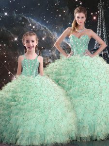 Comfortable Apple Green Sweetheart Lace Up Beading and Ruffles Quince Ball Gowns Sleeveless