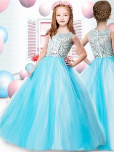Discount Floor Length Aqua Blue Pageant Gowns For Girls Scoop Sleeveless Zipper