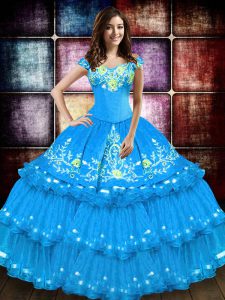 Baby Blue Taffeta Lace Up 15 Quinceanera Dress Sleeveless Floor Length Embroidery and Ruffled Layers