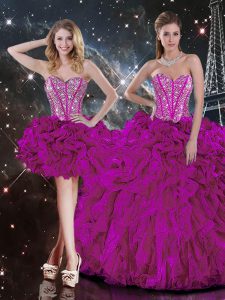 Organza Sweetheart Sleeveless Lace Up Beading and Ruffles Quinceanera Gown in Fuchsia