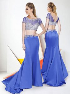 Royal Blue Satin Zipper Evening Dress Short Sleeves Brush Train Beading and Sequins