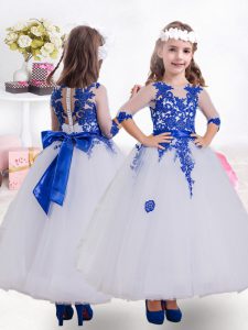 Custom Fit Ankle Length Clasp Handle Girls Pageant Dresses Blue And White for Quinceanera and Wedding Party with Lace