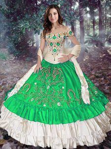 Hot Sale Off The Shoulder Sleeveless Vestidos de Quinceanera Floor Length Embroidery and Ruffled Layers Green Taffeta