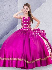 Fuchsia Taffeta Lace Up Quince Ball Gowns Sleeveless Court Train Embroidery and Pick Ups