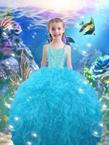 Organza Straps Sleeveless Lace Up Beading and Ruffles Little Girl Pageant Dress in Aqua Blue