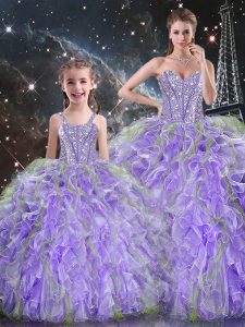 Elegant Lavender Ball Gowns Beading and Ruffles Quinceanera Gown Lace Up Organza Sleeveless Floor Length