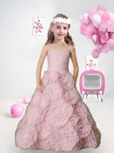 Baby Pink Ball Gowns Spaghetti Straps Sleeveless Fabric With Rolling Flowers Floor Length Zipper Pleated Pageant Dress T