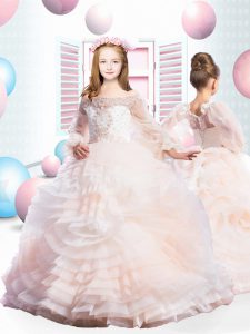 Off The Shoulder Long Sleeves Fabric With Rolling Flowers Pageant Gowns For Girls Beading Clasp Handle