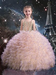 Beading and Ruffles Little Girl Pageant Dress Pink Lace Up Sleeveless Floor Length