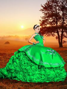 Most Popular Ball Gowns Sleeveless Green Sweet 16 Quinceanera Dress Brush Train Lace Up