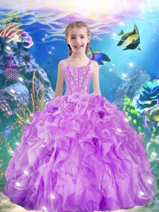 Lilac Straps Lace Up Beading and Ruffles Pageant Gowns For Girls Sleeveless