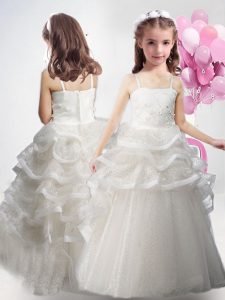 Excellent White Sleeveless Appliques and Ruffled Layers Floor Length Child Pageant Dress