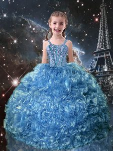 Straps Sleeveless Pageant Dress for Teens Floor Length Beading and Ruffles Baby Blue Organza