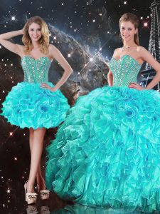 Spectacular Organza Sweetheart Sleeveless Lace Up Beading and Ruffles Quinceanera Dresses in Aqua Blue