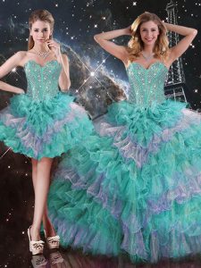 Multi-color Ball Gowns Organza Sweetheart Sleeveless Beading and Ruffled Layers Floor Length Lace Up Quinceanera Gowns