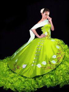 Ball Gowns Sleeveless Yellow Green Quince Ball Gowns Brush Train Lace Up