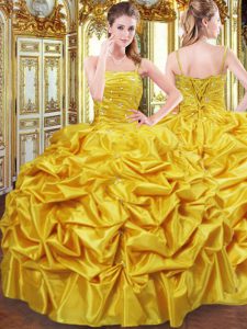 Beauteous Gold Ball Gowns Taffeta Spaghetti Straps Sleeveless Beading and Pick Ups Floor Length Lace Up Quinceanera Dres