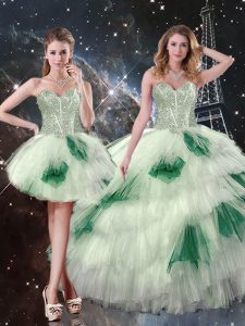Multi-color Tulle Lace Up 15 Quinceanera Dress Sleeveless Floor Length Beading and Ruffled Layers and Sequins