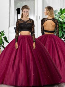 Exquisite Fuchsia Scoop Backless Lace and Ruching Quinceanera Dress Long Sleeves