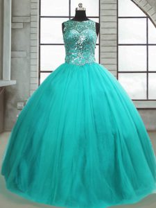 Turquoise Sleeveless Floor Length Beading Lace Up Quinceanera Gowns