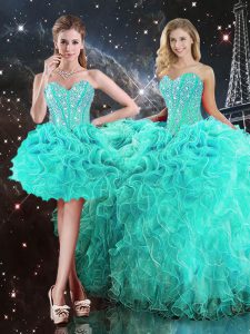Trendy Turquoise Lace Up 15 Quinceanera Dress Beading and Ruffles Sleeveless Floor Length