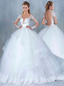 White Wedding Gowns Tulle Court Train Long Sleeves Lace and Appliques and Ruffles