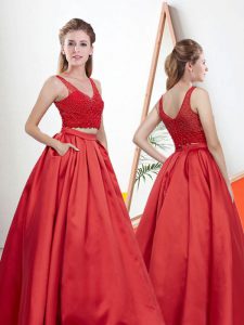 Most Popular Red Satin Zipper V-neck Sleeveless Floor Length Prom Dress Lace