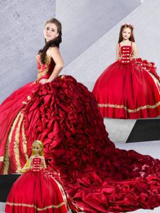 High Quality Taffeta Sleeveless Quinceanera Gowns Court Train and Embroidery and Pick Ups