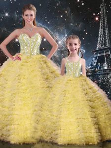 Sleeveless Tulle Floor Length Lace Up Quinceanera Dress in Yellow with Beading and Ruffles