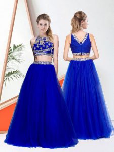 Most Popular Royal Blue Prom and Party with Beading High-neck Sleeveless Zipper