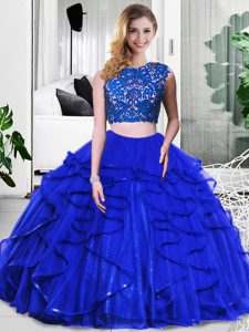 Latest Sleeveless Floor Length Lace and Ruffles Zipper Quinceanera Dress with Royal Blue