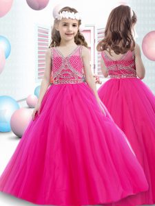 Customized Hot Pink Zipper V-neck Beading Glitz Pageant Dress Tulle Sleeveless