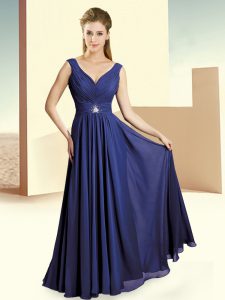 Artistic Royal Blue Column/Sheath Beading and Ruching Bridesmaid Gown Zipper Chiffon Sleeveless Floor Length