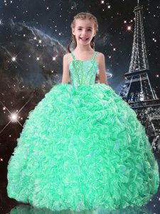 Organza Straps Sleeveless Lace Up Beading and Ruffles Pageant Gowns For Girls in Apple Green