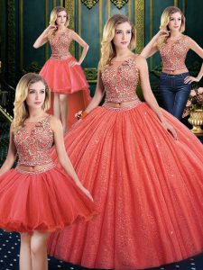 Charming Coral Red Ball Gowns Appliques Wedding Gowns Lace Up Tulle Sleeveless Floor Length