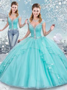 Decent Aqua Blue Sweet 16 Quinceanera Dress Tulle Sleeveless Sashes ribbons and Sequins