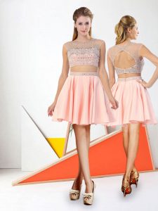 Scoop Sleeveless Dress for Prom Mini Length Beading Baby Pink Satin