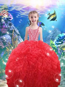 Top Selling Straps Sleeveless Kids Pageant Dress Floor Length Beading and Ruffles Coral Red Organza