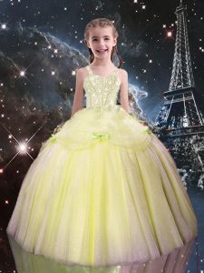 Eye-catching Beading Little Girl Pageant Dress Light Yellow Lace Up Sleeveless Floor Length